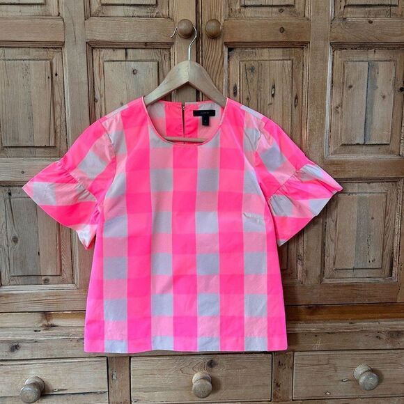 J. Crew 0 Pink Tan Blouse Ruffle Sleeve Top Neon‎ Buffalo Check Soft Blossom - Picture 1 of 6